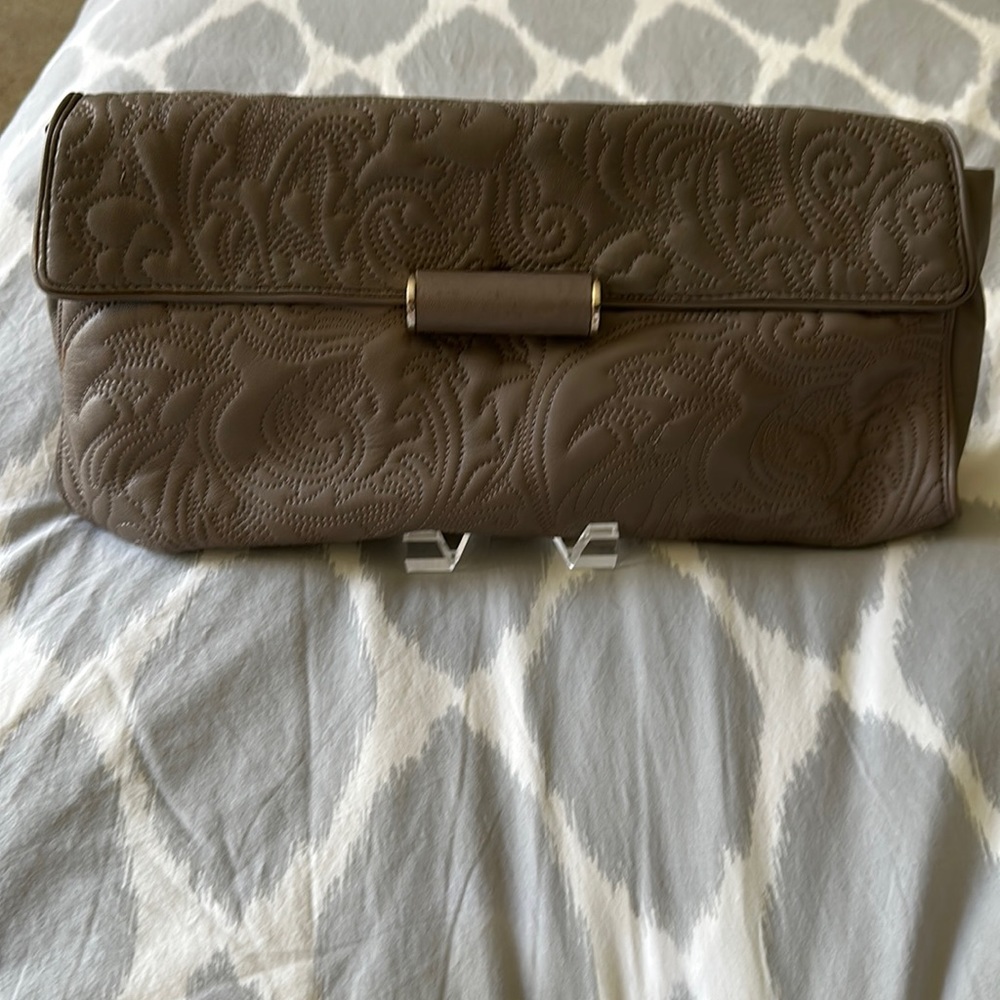 BCBGMAXAZRIA Quilted Faux Leather Taupe Purse w/Removable Gold Chain Strap